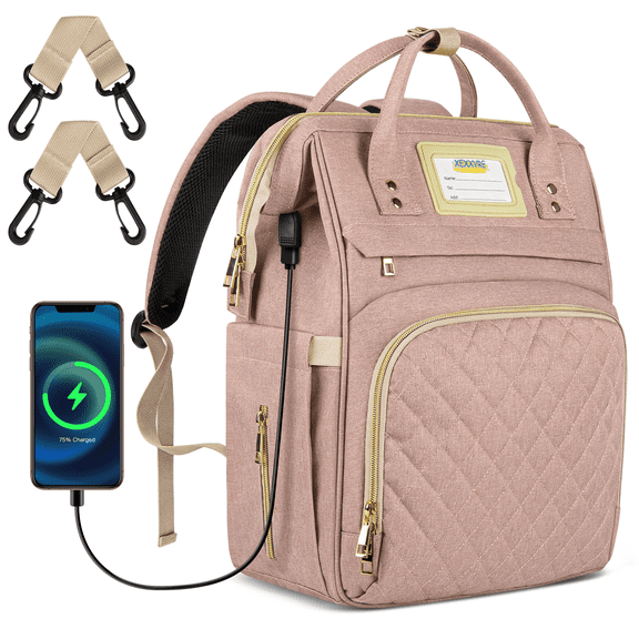 Diaper Bag Backpack, Multifunctional Baby Changing Bag with Insulated Milk Bottle Pocket & Stroller Strap, Large Capacity Travel Backpack with USB Charging Port, Baby Bags for Boys Girls(Pink)