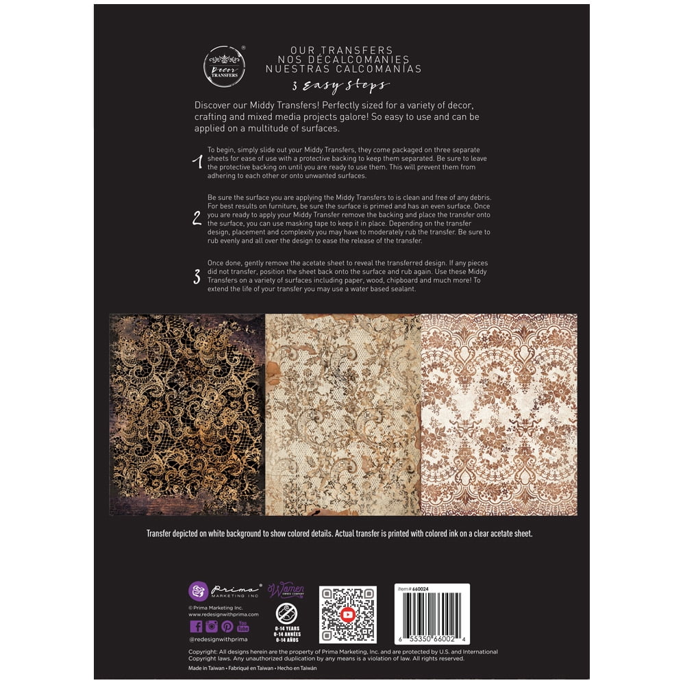 Prima Marketing Re-Design Decor Transfers 8.5"X11" 3/Sheets-Middy- Delicate Lace