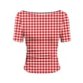 thumbnail image 7 of Htigea Plaid T-Shirts for Women Slim Short Sleeve Boat Neck Tops Cute Tees Y2K Trendy Side Ruched Summer Shirt Red S, 7 of 7