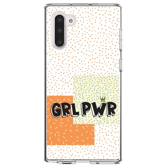 DistinctInk Clear Shockproof Hybrid Case for Samsung Galaxy Note 10 (6.3" Screen) - TPU Bumper, Acrylic Back, Tempered Glass Screen Protector - Girl Power - GRL PWR - Crown, Polka Dots