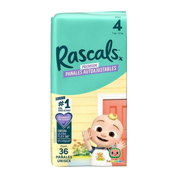 Pañales Rascal + Friends CoComelon auto ajustables etapa 4 mediano 36 pzas