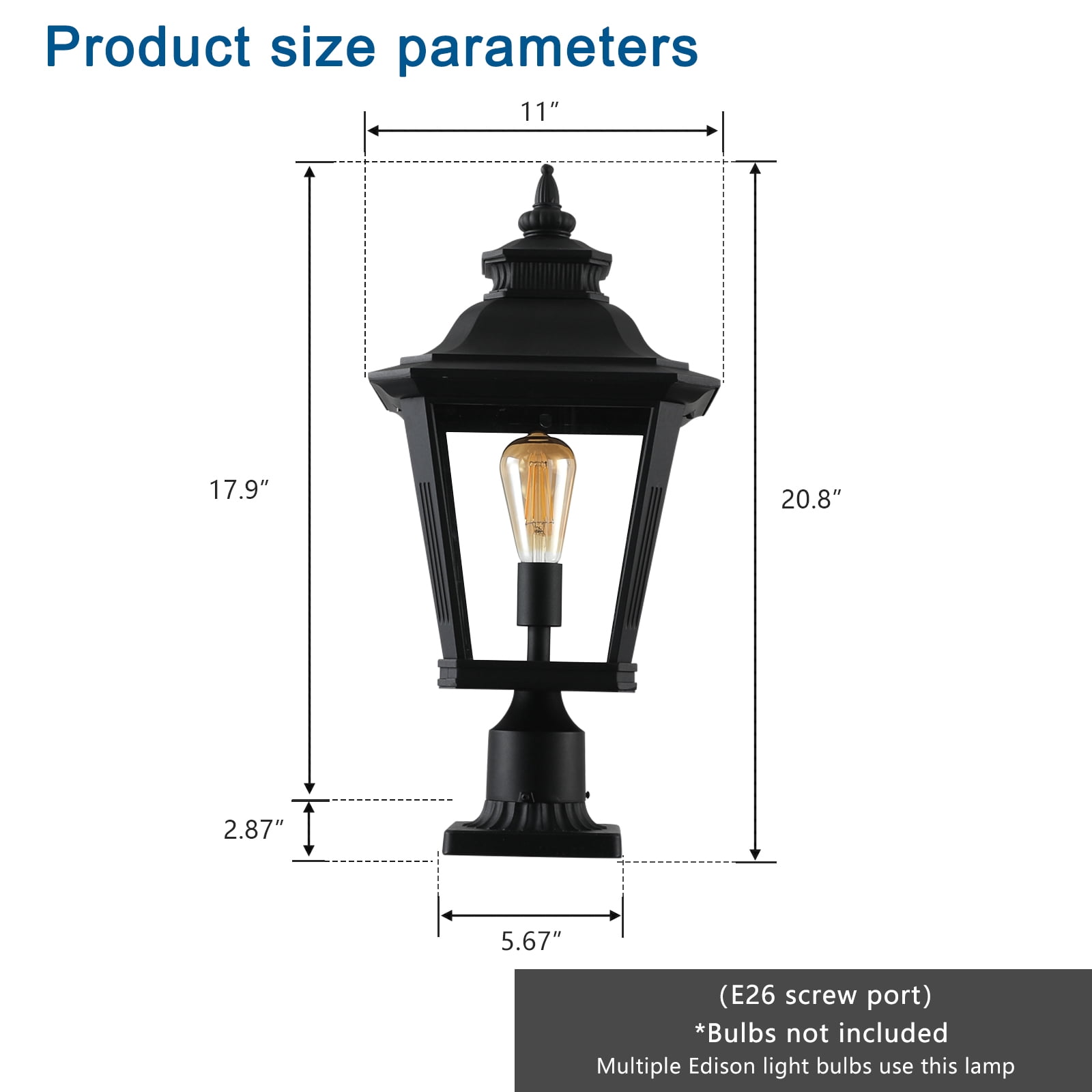 21"(H) 1-Pack Outdoor Post Lantern Light – Vintage Black Metal & Clear Glass Pillar Lamp for Garden, Gate, Driveway, and Pathway Lighting with Elegant Design (Bulb Not Included)