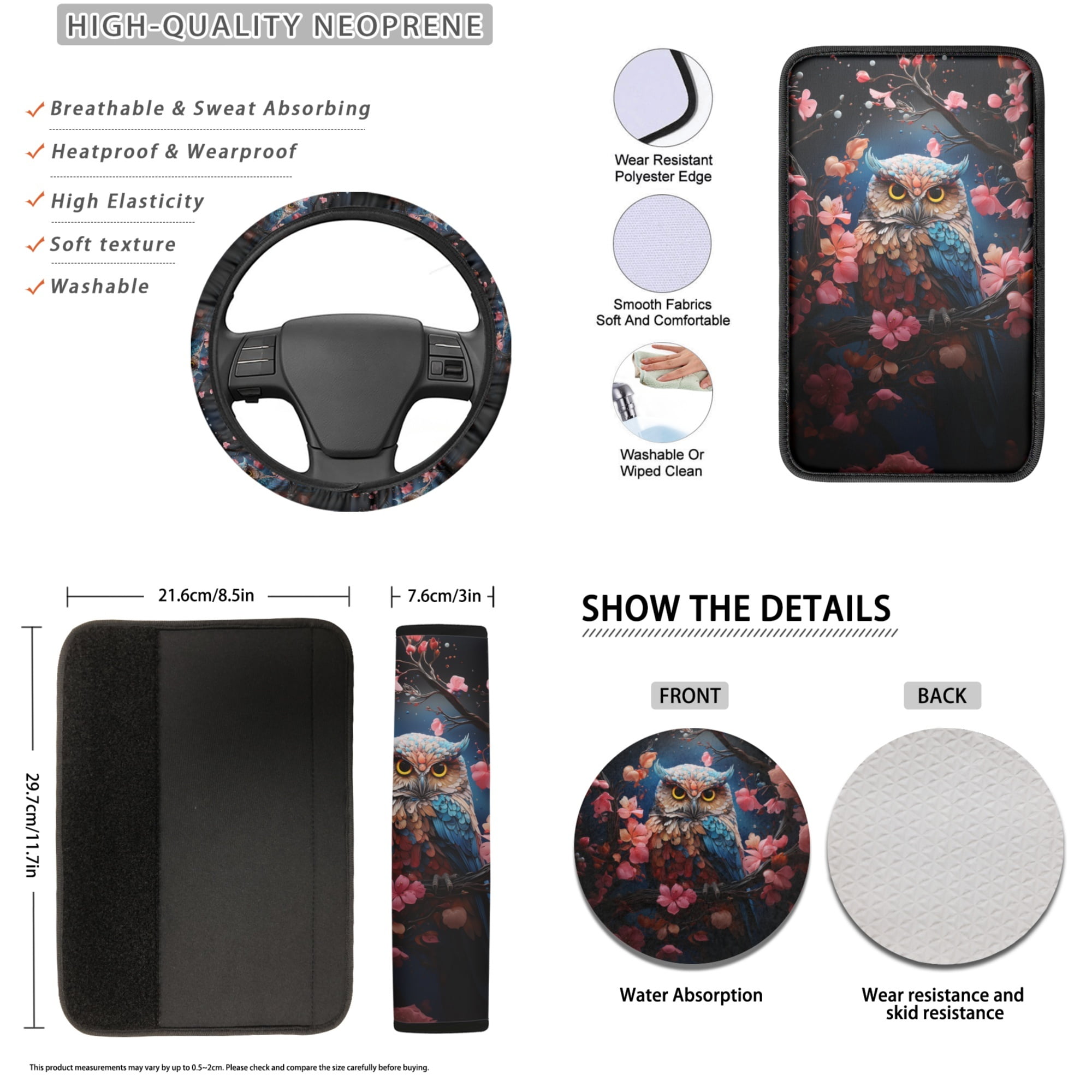 Tutolipy Owl Flower Printed Car Seat Cover Set of 16, Soft Front Rear Seat Cover for Cars, Steering Wheel Cover Seat Belt Pads Car Armrest Cover, Universal Fits for Most Cars SUV Vehicles Truck Sedan