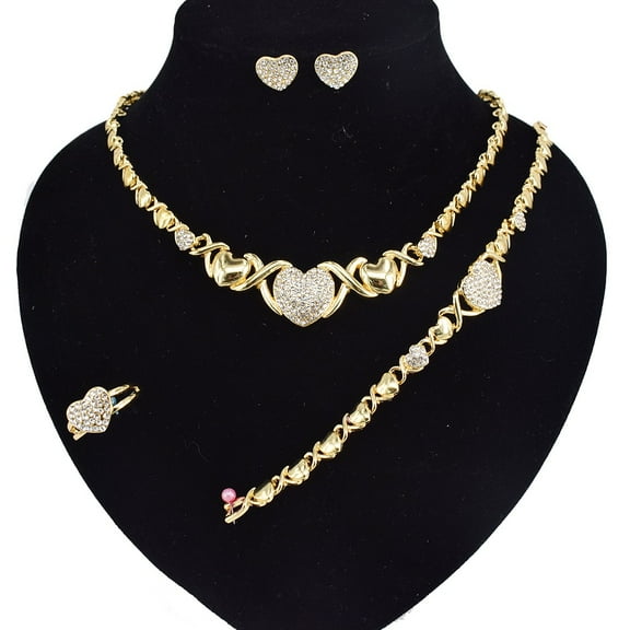 Women's Hugs & Kisses XOXO Mini Heart Charm Necklace Set 18k Layered Real Gold Plated Includes Necklace Bracelet Earrings Ring Set