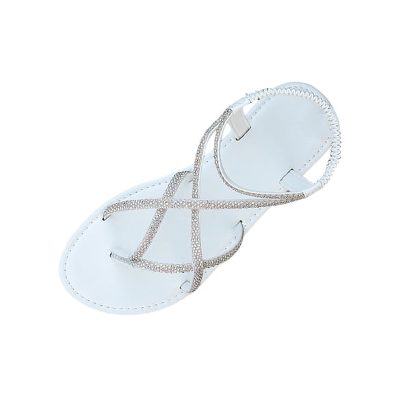 HomeDM Women's Strappy Flat Sandals Open Toe Elastic Ankle Strap Flip Flops Summer Beach Thong Sandals, White Size 9.5
