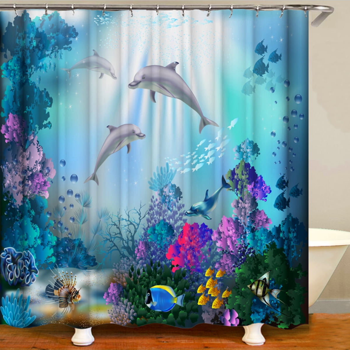 Cute Dolphin Sea Shell Beach Decor Fabric Shower Curtain Toilet Cover Rugs Mat 