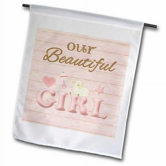 3dRose, Our Beautiful Girl, Hear, Sheep, Rattle, and Star, Pink , 12 x 18 inch Garden Flag