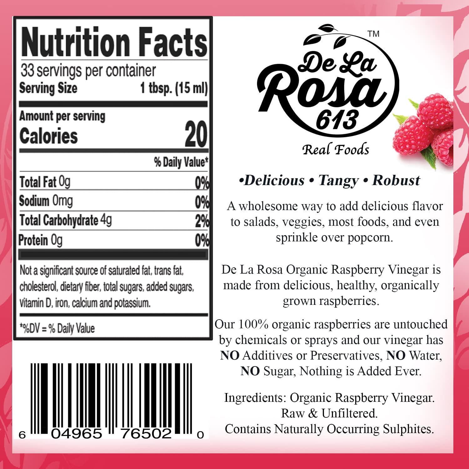 De La Rosa 613 Organic Extra Virgin Olive Oil & Raspberry Vinegar, 16.9 Oz (Pack of 2)