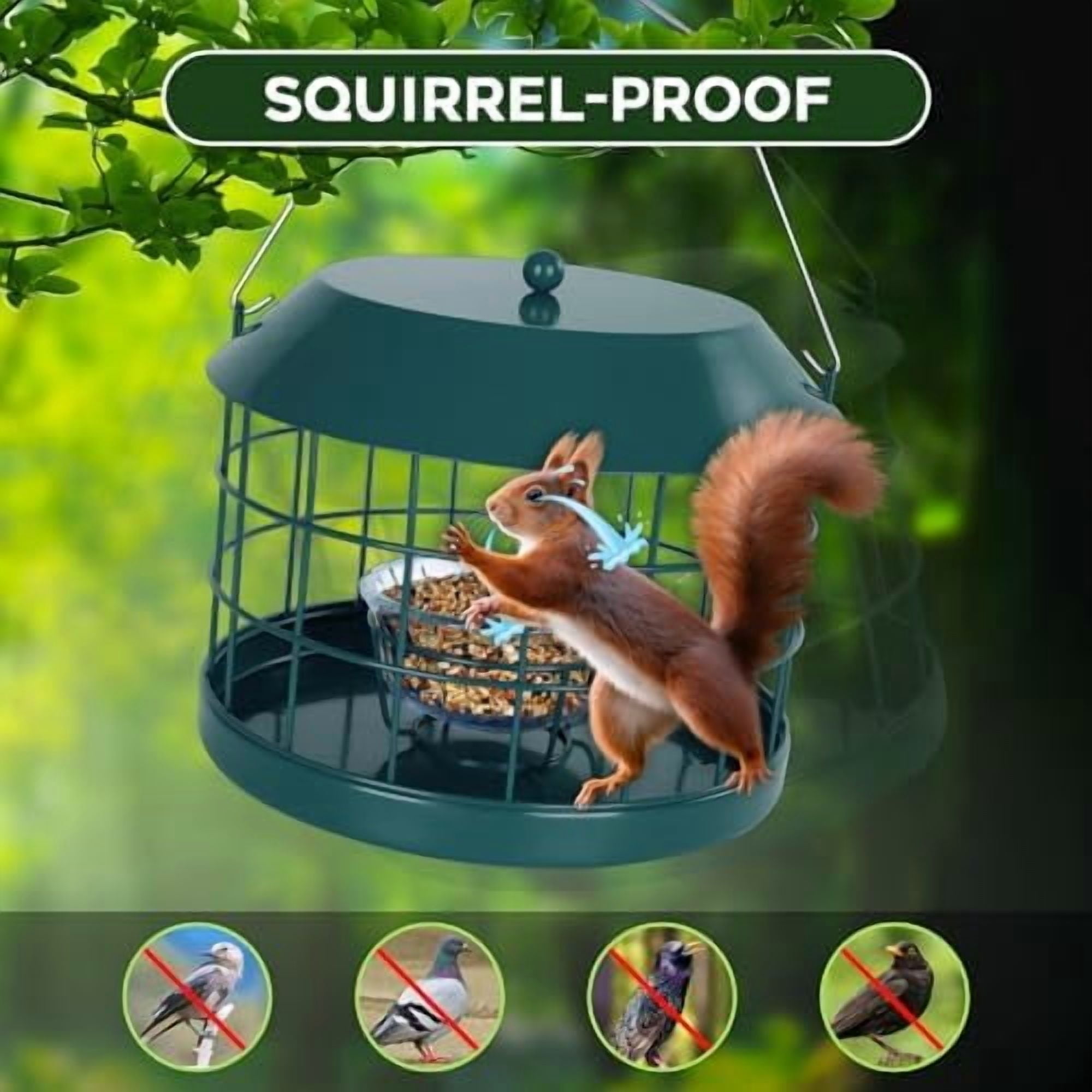 Caged Bluebird Feeder for Mealworms with Glass Bowl, Squirrel Proof Bird Feeder for Small Birds Only, Detachable Hook, Large Space, Outdoors Weatherproof, Metal, Green