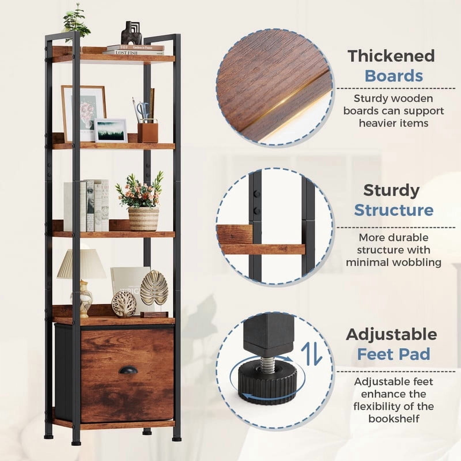 BEAUTYPEAK 5-Tier Bookshelf with Fabric Drawer 55" Tall Narrow Freestanding Display Shelf Metal Frame Bookcase, Rust