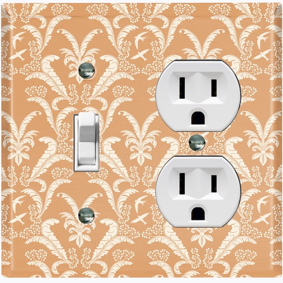Metal Light Switch Plate Outlet Cover (Victorian Damask Flower Feather Tan Pattern - Single Toggle Single Duplex)