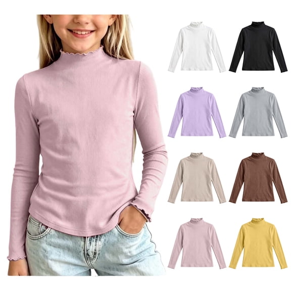 Asxite Girls Solid Tops Mock Neck Long Sleeve Lettuce Cuffs Stretch Cotton Fall Winter Tee 5T