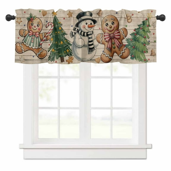 Christmas Valances for Windows Gingerbread Man Snowman Xmas Tree Star Wood Grain Rod Pocket Curtain Valance Window Treatment Short Curtains for Kitchen Living Room, 42"x12"