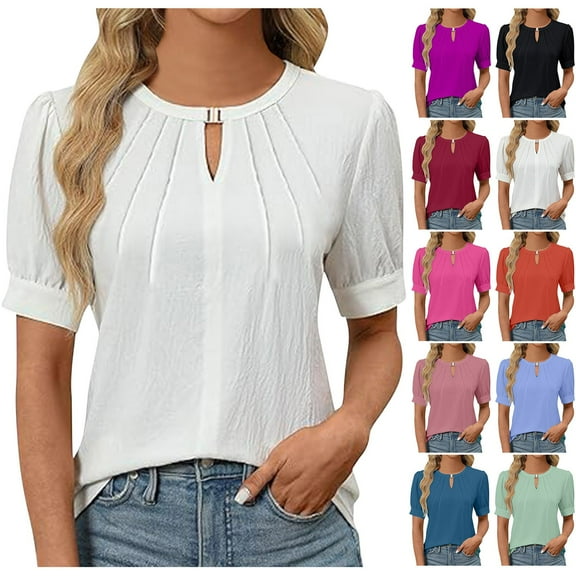 Ahuyic Women's Loose Plus Size Short-Sleeved Top,Summer Casual Daily Clothes For Women,Women's Summer Popcorn Crop Tops Sleeveless Round Neck Going Out Tops