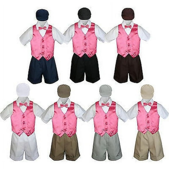 Boy Toddler Formal Coral Red Vest Bow Tie White Khaki Navy Gray Hat 5pc Set S-4T