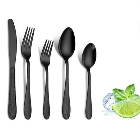 

WhizMax 20pcs Cutlery Set Hammer Grain Mirror Finish Smooth Edge Stainless Steel Fork Spoon Set Flatware Set Tableware Utensils Service for 4 Home Kitchen Black