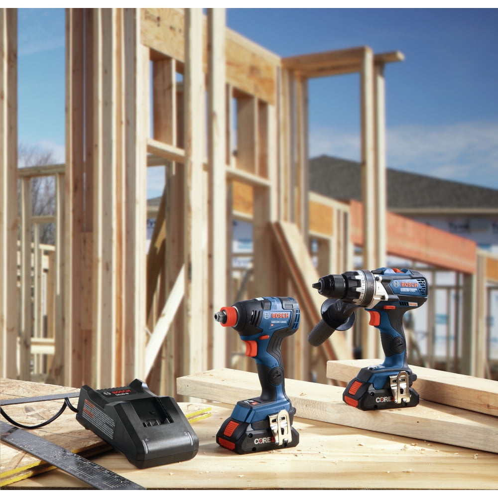Restored Bosch GXL18V-224B25-RT 18V Brute Tough Connected-Ready EC Brushless Li-Ion 1/2 in. Cordless Hammer Drill Driver / 1/4 / 1/2 in. 2-In-1 Impact Driver Combo Kit (4 Ah) (Refurbished)