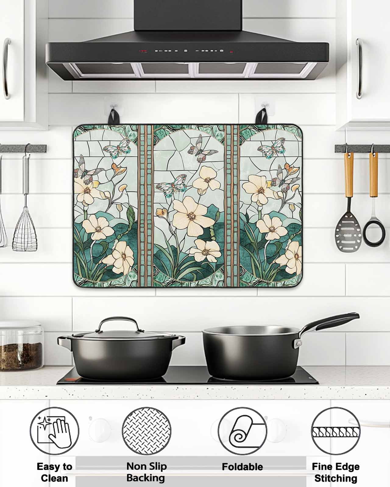 Stove Top Covers for Electric Stove, Spring Glass Stovetop Cover Protector, Butterfly Summer Botanical Flower Induction Cooktop Protector Oven Mat for Kitchen Countertop 24"x21"