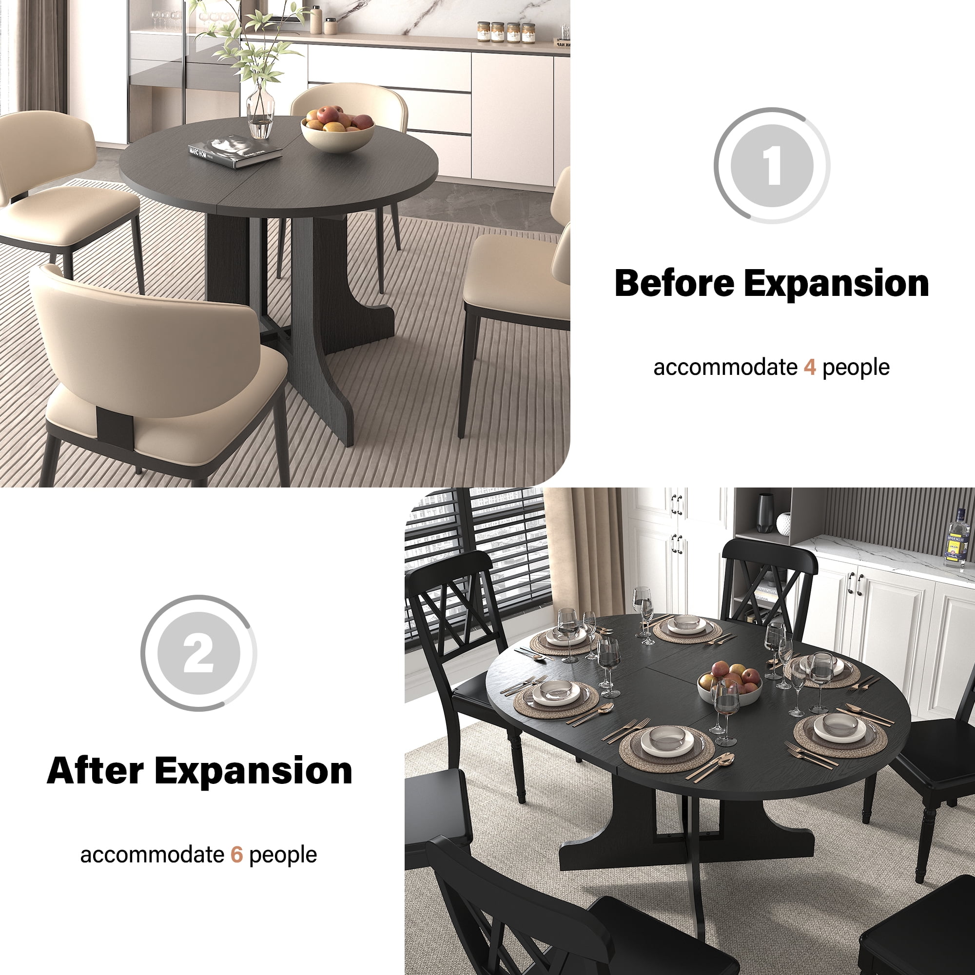 Aukfa Extendable Dining Room Table for 4-6,Oval Table Top with Removable Leaf for Kitchen Dining Living Room,Black