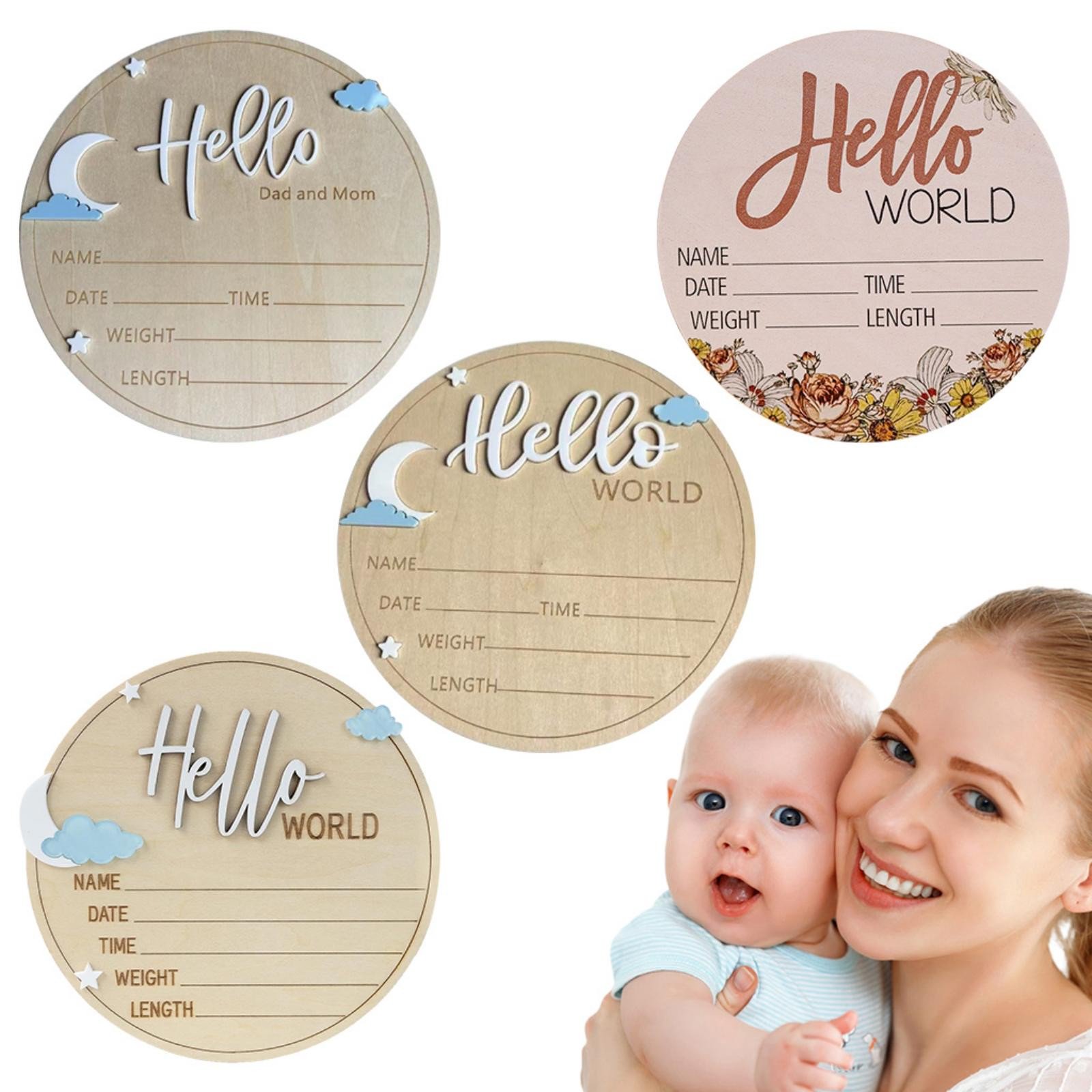 Aminojy Baby Birth Announcement Plaque, Newborn Milestone Sign with Name Date Time Weight Length Details, Wooden Style Keepsake for Baby Shower Gift and Nursery Decor