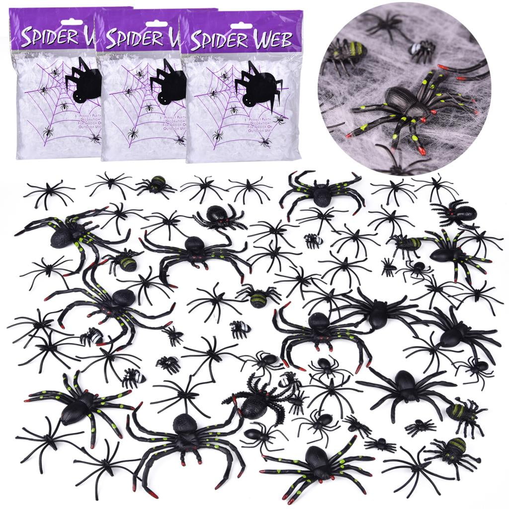 Fun Little Toys 69 Pcs Plastic Black Spiders & 3 Spiderwebs,Scary