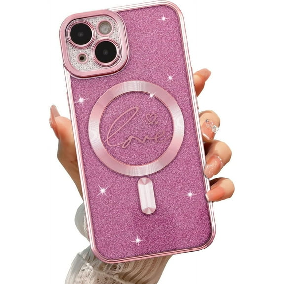 Magnetic Case for iPhone 13, Bling Glitter Luxury Love Cute Heart Pattern Plating Phone Case [Compatible with MagSafe] Magnetic Wireless Charging Soft TPU Shockproof Clear Back Cover - Pink