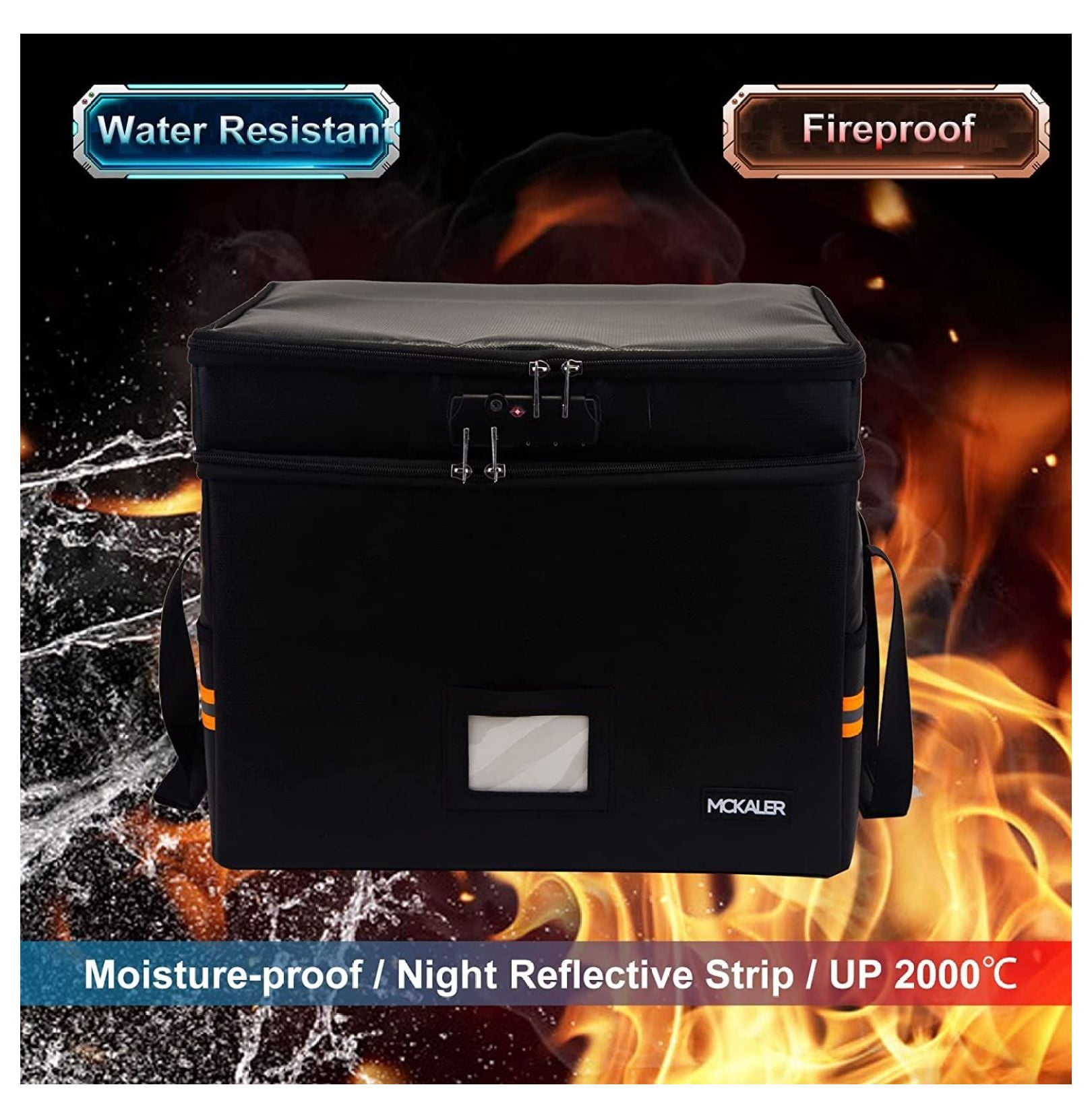 File Box; Fireproof Document Box; with Lock; Upgraded 2 Layer Water-resistant Organizer; Portable; Collapsible Storage Cabinet; Reflective Strip Black