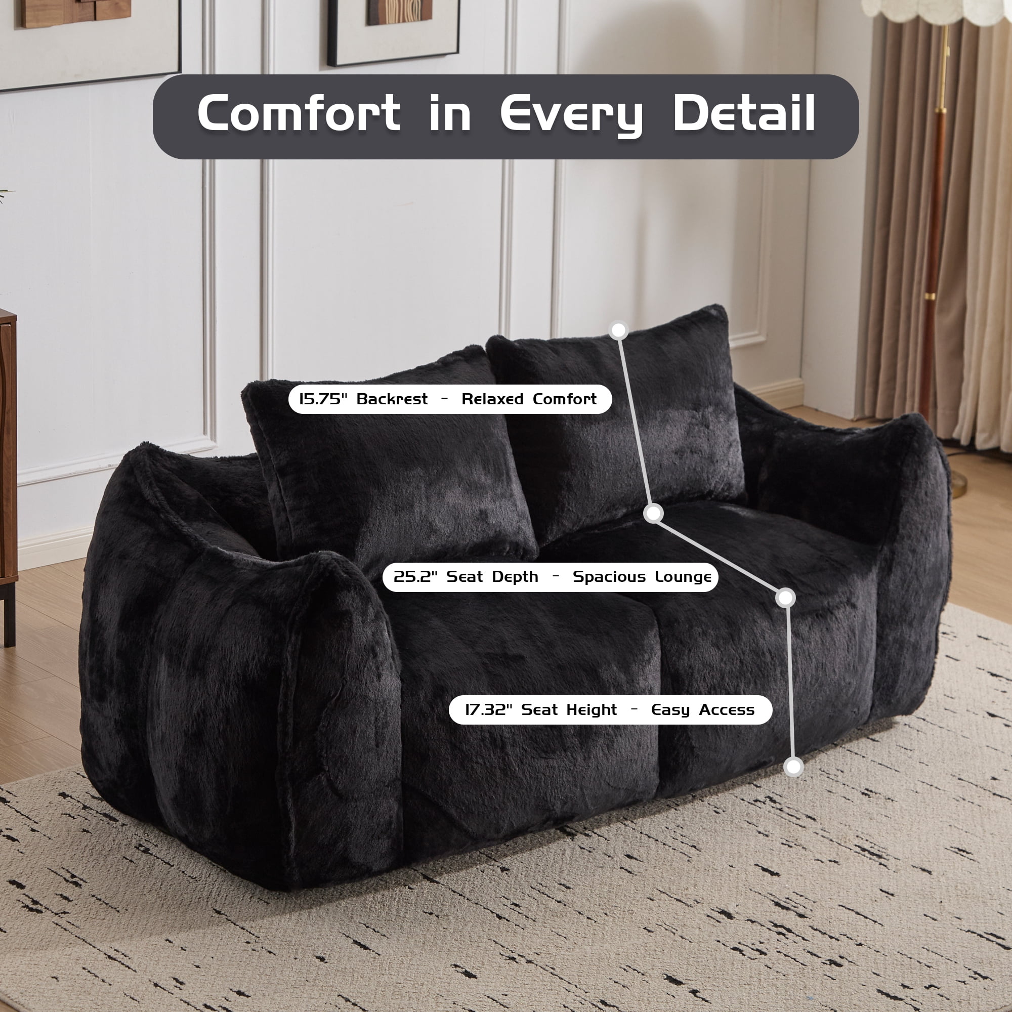 Aukfa Faux Fur Loveseat, 25" Deep Seat Giant Bean Bag Sofa for Living Room, Black