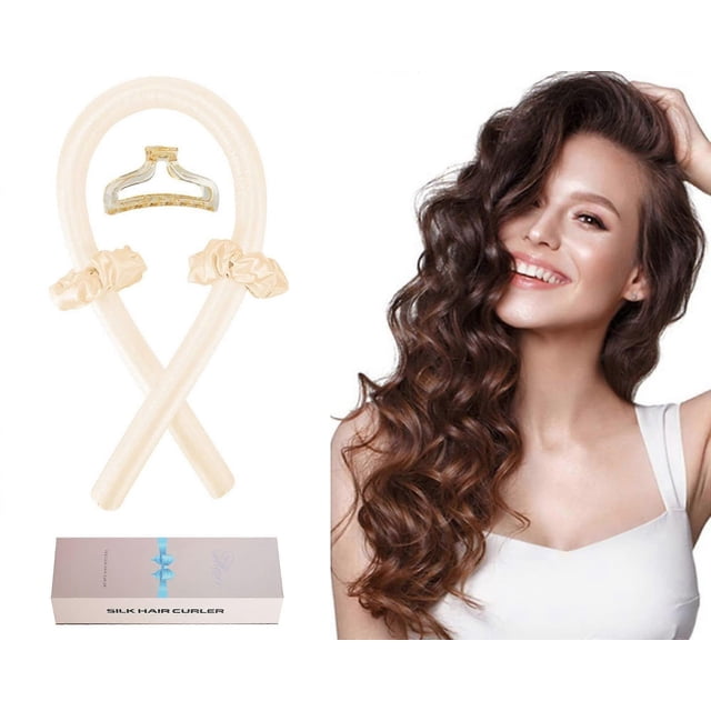 Rizadores sin calor para cabello largo, ideales para peinar durante la noche, con coleteros de seda color oro champán.