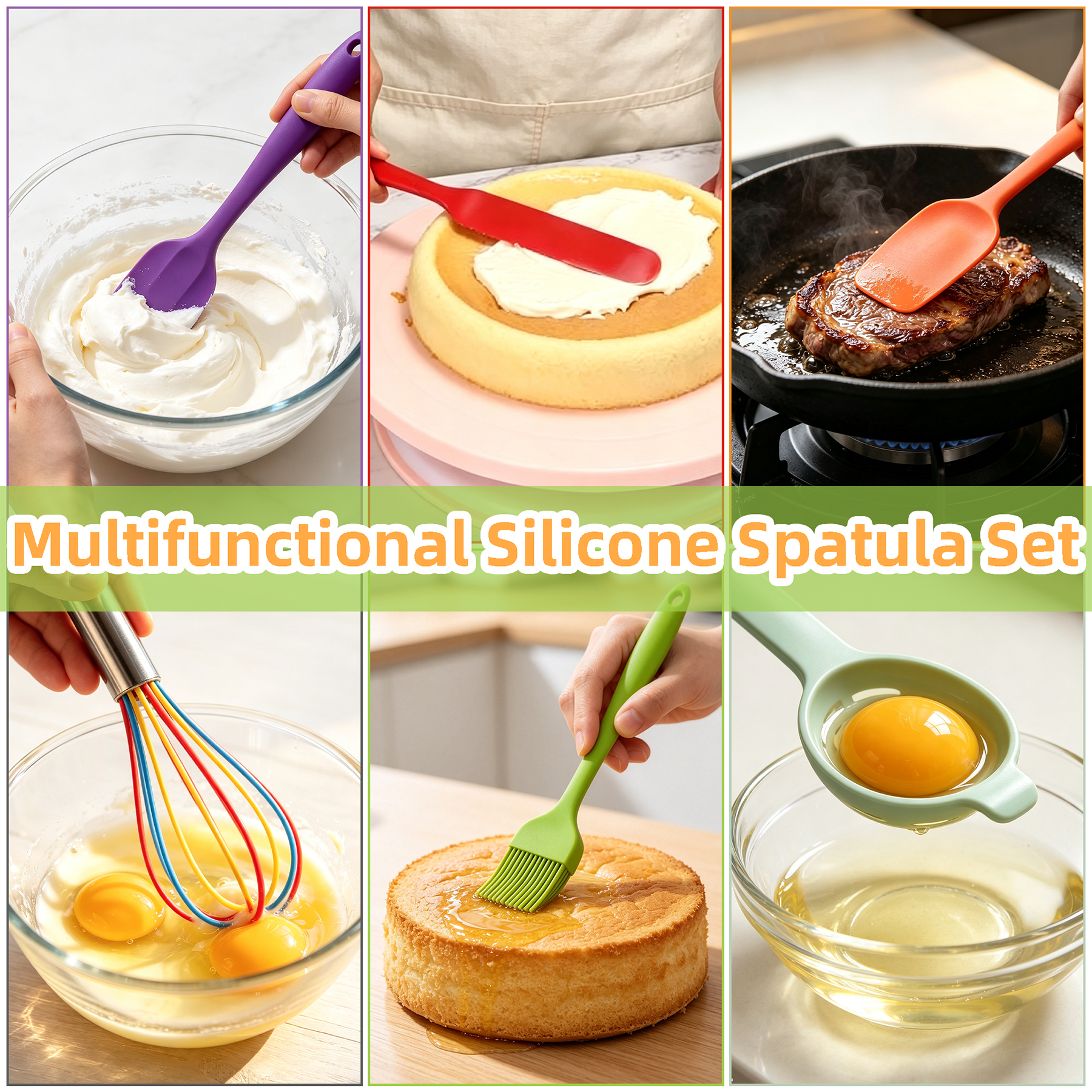 9‑Piece Silicone Spatula Set, Heat‑Resistant Silicone Baking Utensils, Non‑stick Kitchen Cooking Tools with Whisk, Basting Brush and Egg Separator, Multicolor Rubber Spatula Kit for Mixing, Baking