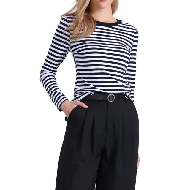 INSPIRAR CAMISAS A RAYAS CHIC para MUJERES, BLUSAS DE MANGA LARGA, CAMISETAS DE ALGODÓN AJUSTADAS, CUELLO REDONDO, ATUENDOS CASUALES Y MODERNOS, M, Rayas negras y blancas