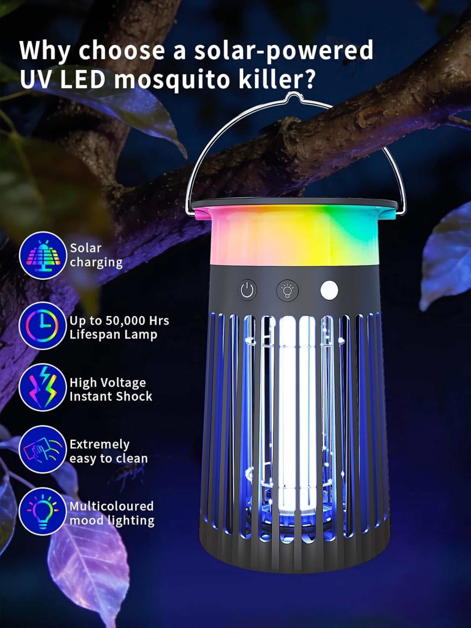 AENKYO Solar Bug Zapper: 4200V Electric Mosquito Killer, USB-C Rechargeable Fly Trap, 2100 sq.ft Coverage