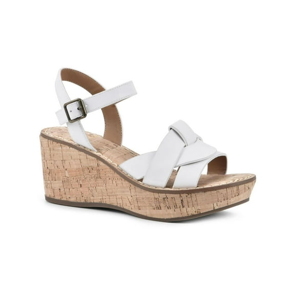 White Mountain Womens SIMPLE Faux Leather Ankle Strap Wedge Sandals