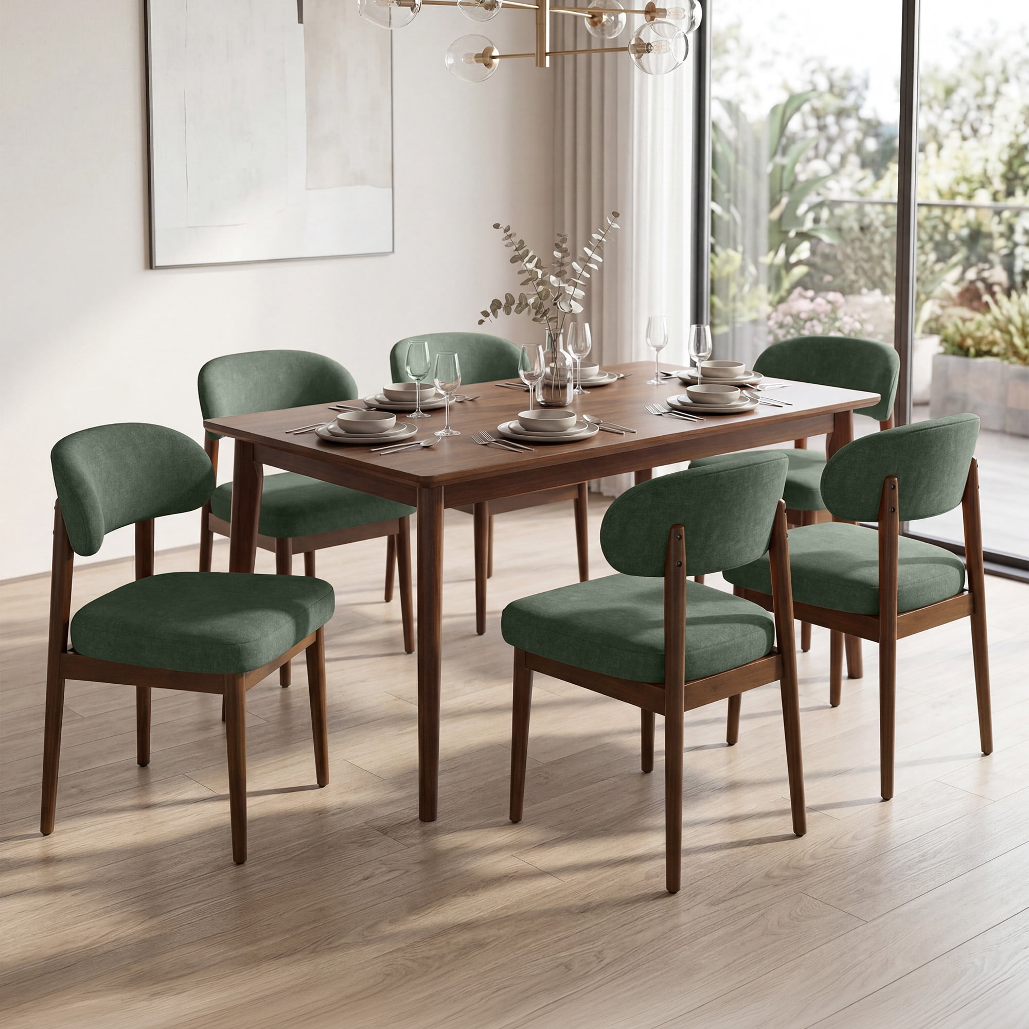 MOONMISS Dining Chair Set of 2,Upholstered Wooden Dining Chairs with Curved Back,Chenille Kitchen Side Chairs,Green