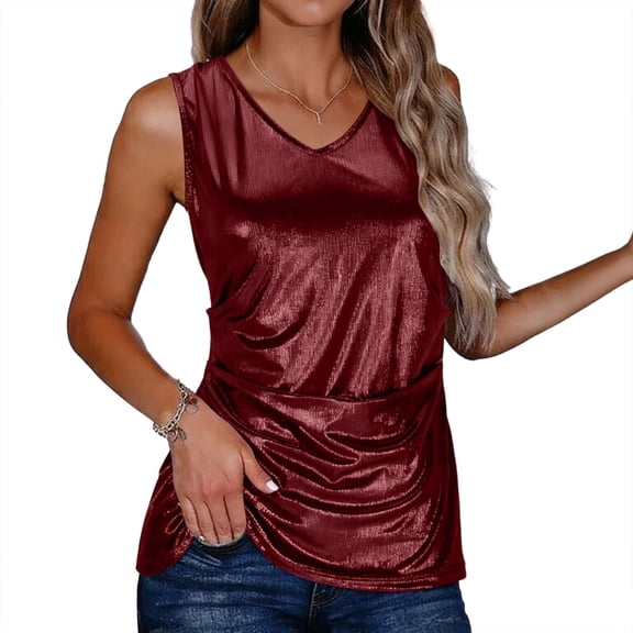 XFLWAM Women's Metallic Shiny Tank Tops V Neck Sleeveless Camis Vest Summer Casual Loose Party Going Out T Shirt