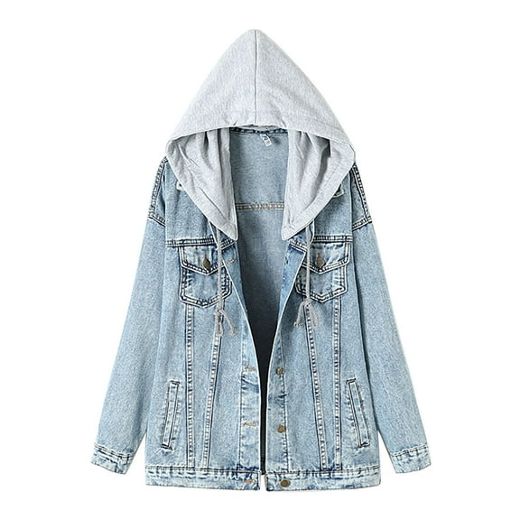 Ruyang Denim Jacket for Women 2024 Women's Oversized Loose Boyfriend Denim Jacket Hooded Jean Jacket Plaid Lined Denim Jacket for Women