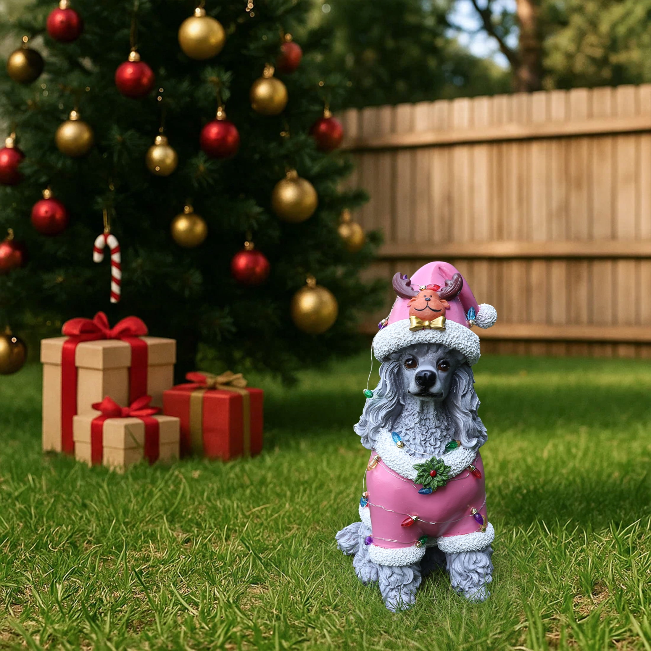 Noble House Christmas Poodle Statue, Cheerful Holiday Dog Figurine in Santa Outfit, Gray Fur & Pink Shirt