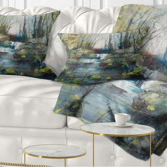 Designart Brook and Rocks Oil Painting - Landscape Painting Throw Pillow - 12x20
