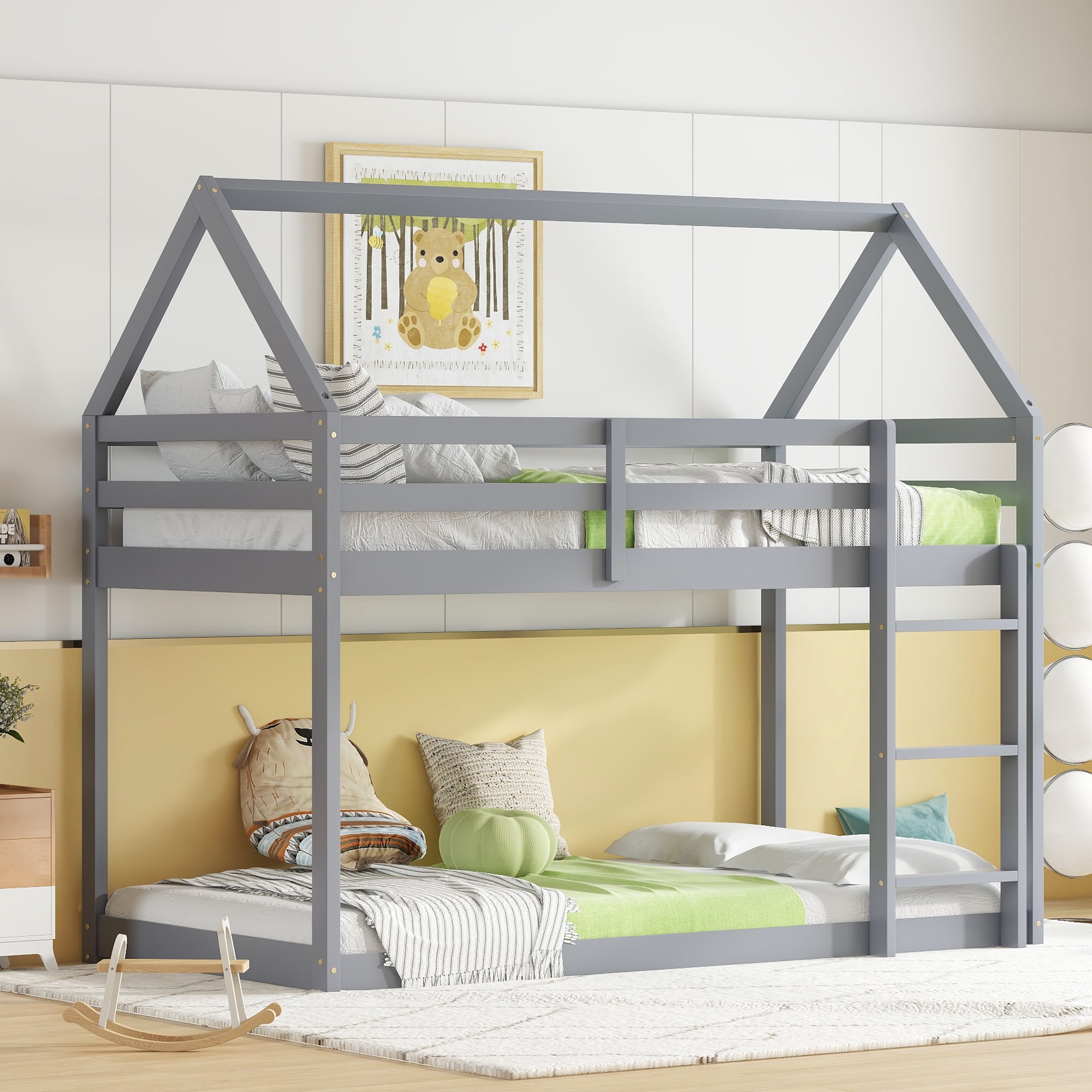 Sailvan Twin over Twin Rubber Wood Floor Bunk Bed, with ladder,Guardrails,House-Shaped-Bunk Bed
