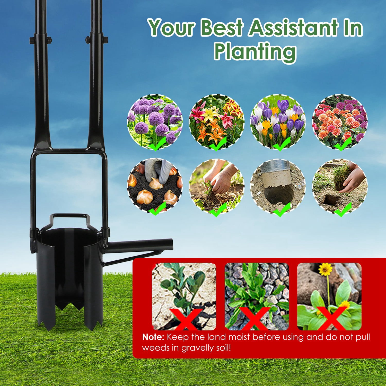 5-in-1 Bulb Planter Tool, Long Handle Garden Digger Weeder Soil Remover for Home Garden Lawn,Easy to Use Bulb Planter, Multifunctional Garden Tool for Planting Weeding Digging