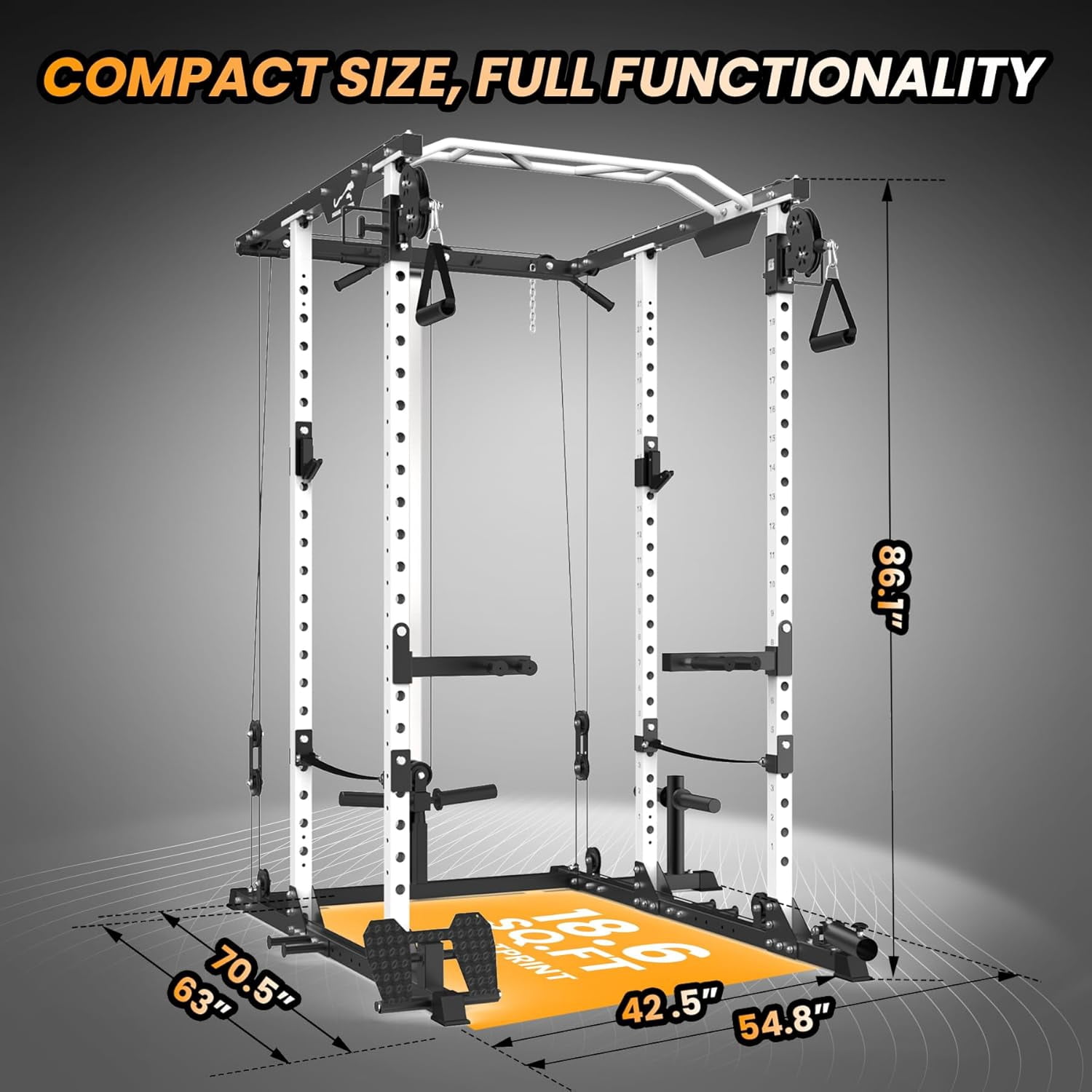 Hetoy Power Cage, Multi-Function Workout Cage with Cable Cross-Over System, Squat Rack Home Gym with LAT Pull Down System, Strength Training Squat Rack, Power Racks for Home Gym,White