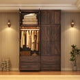 thumbnail image 2 of ANPOO 94''H Brown Extra Tall Armoire Wardrobe Closet w/ Top Cabinet & 2 Drawers, Farmhouse 2 Doors Armoire Wardrobe Closet w/ Barn Door & Sensor Light, LED Wooden Large Armoire for Bedroom, 2 of 10