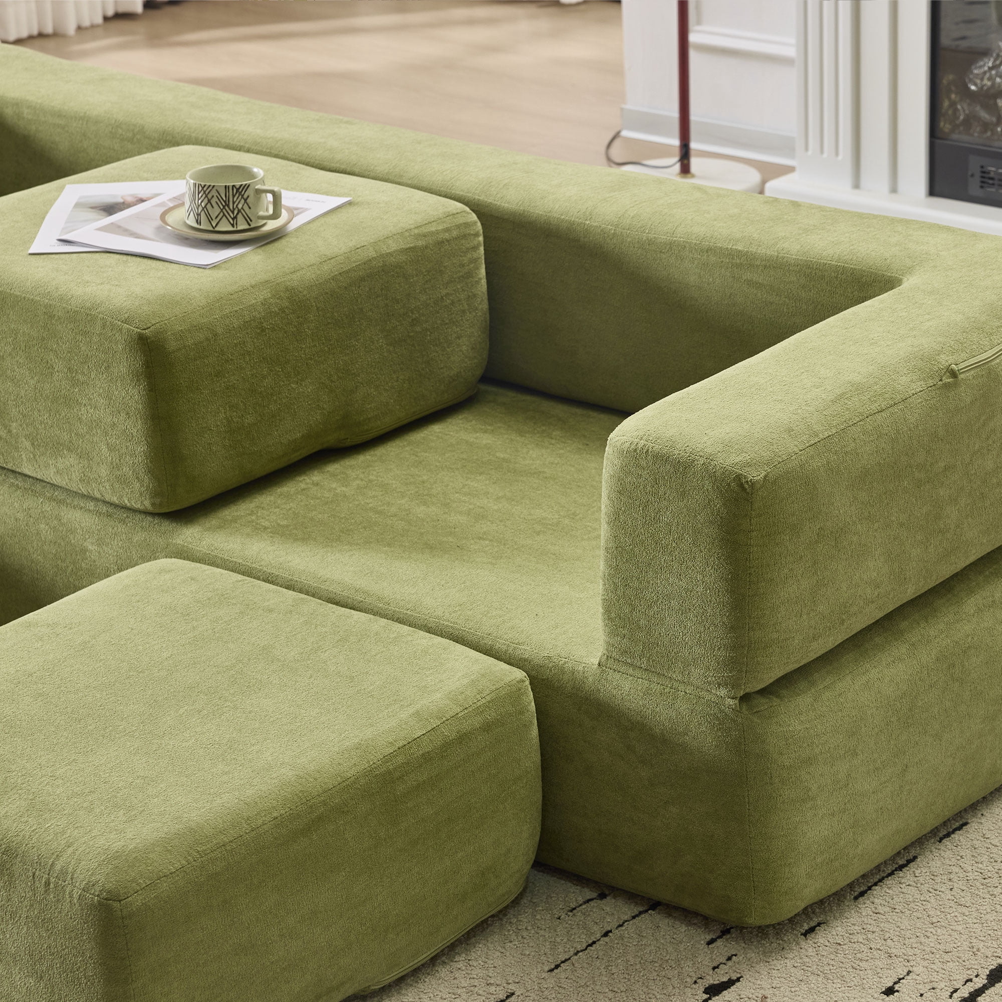 Modular Sofa Bed with 3 Detachable Ottoman Pieces, Convertible L-Shaped Sectional and Chaise Lounge for Small Apartments and Studios, Green