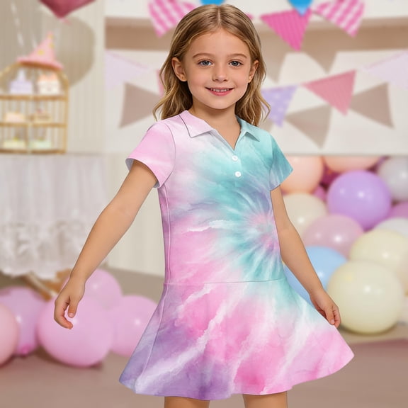 CCRFTGI Girls Polo Dress Size 7-8 Short Sleeve Uniform Cute Tie Dye Pleated Flare Skater Polo Dresses Back To School Summer Button-Down Collar Picque Polo Dress Pink 7-8 Years