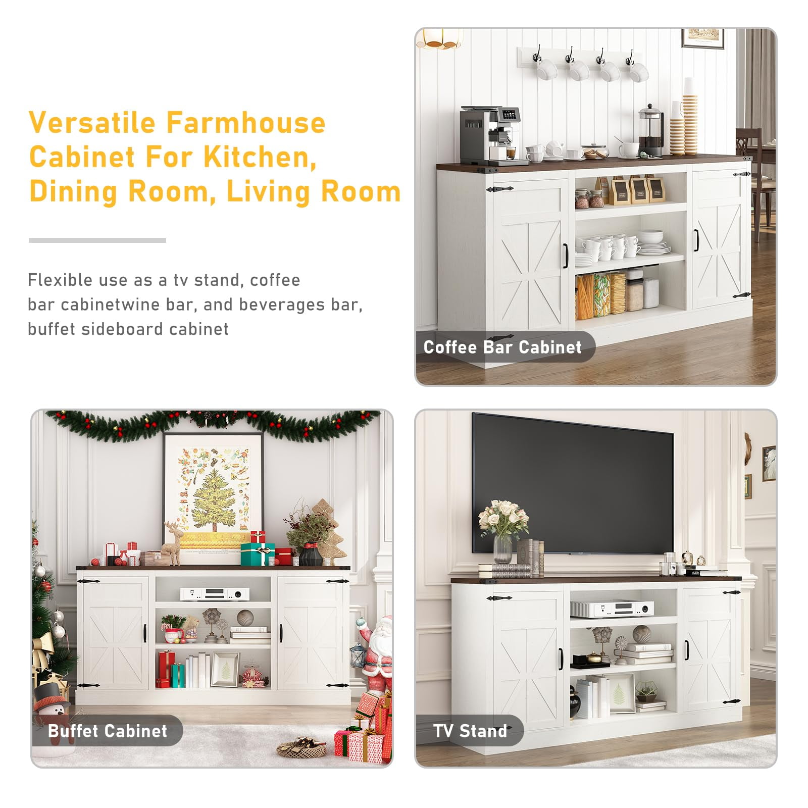 ChVans Farmhouse TV Stand for 65" 70" up 75" TVs with Power Outlet, 33" Tall TV Stand Entertainment Center with Storage, White TV Consoles For Living room Bedroom