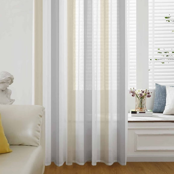 Beige Grey Striped Semi Sheer Curtains Drapes for Living Room, Bedroom, French Doors Window 54 Inches Long, Minimalist Farmhouse Stripe Rod Pocket Chiffon Curtain Drapery Voile Draperies Panel