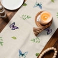 thumbnail image 3 of Blue Purple Gnomes Table Runner - 48 Inch Long Spring Vintage Hydrangea Flower Leaf Cotton and Linen Blended Dress Scarves Farmhouse Table Runner for Kitchen Dining, Coffee Table, 13" x 48", 3 of 8