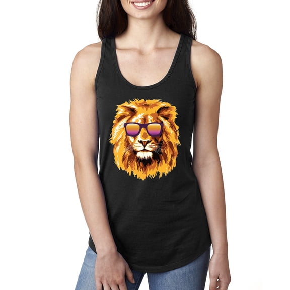 Lion With Sunglasses Animal Lover Ladies Racerback Tank Top, Black, Small
