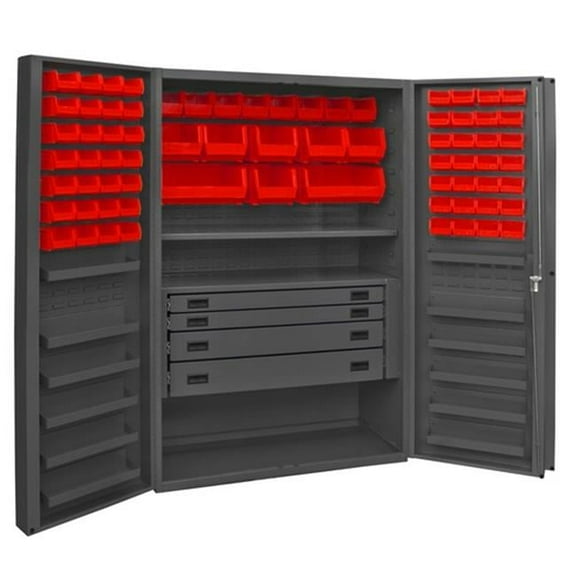 14 Gauge 12 Door Shelves Lockable Cabinet with 72 Red Hook on Bins & 1 Adjustable Shelf & 4 Drawers, Gray - 48 x 24 x 72 in.