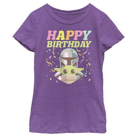 Girl's Star Wars: The Mandalorian Happy Birthday Mando and Grogu Graphic Tee Purple Berry X Small